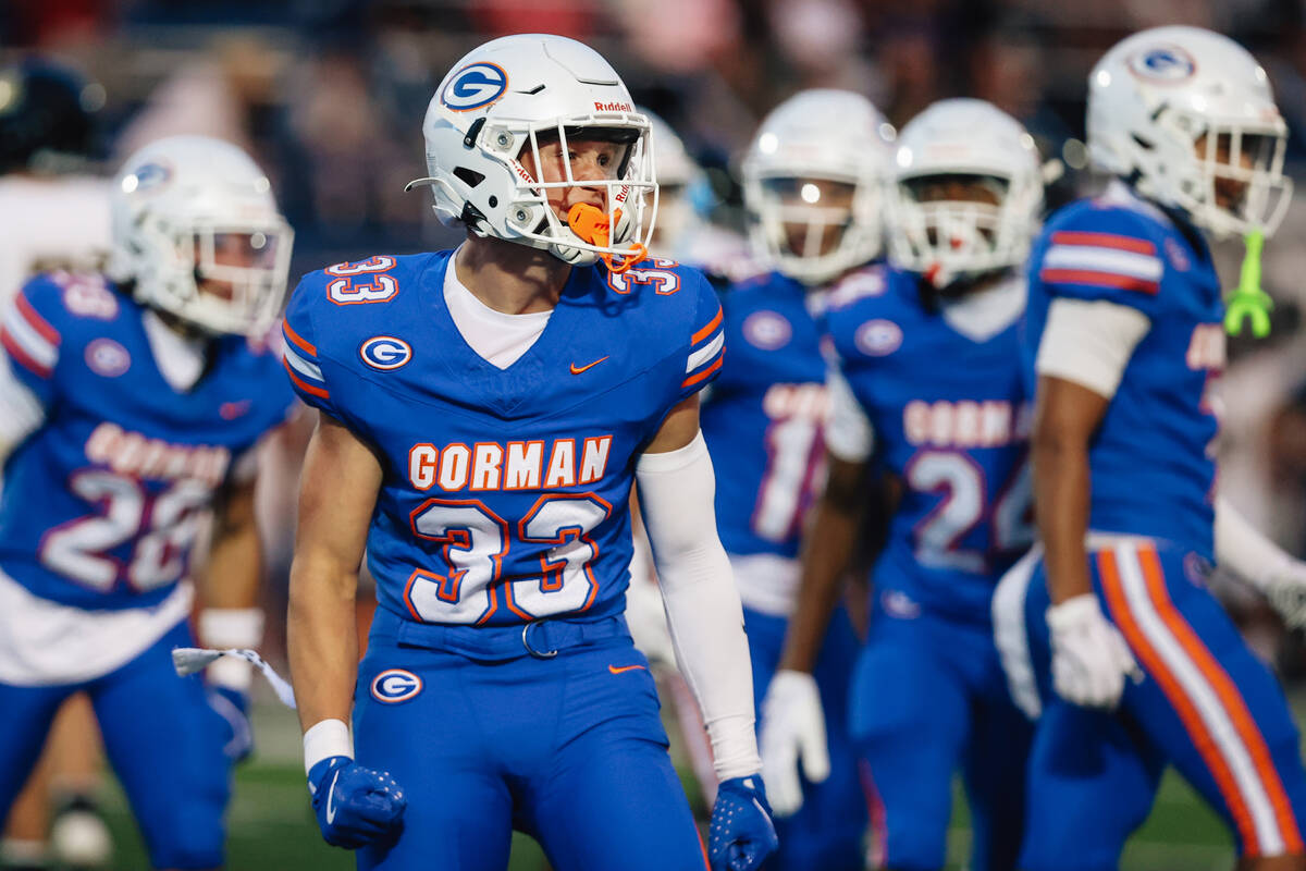 Bishop Gorman linebacker Anton Gorup celebrates during a high school football game between Lone ...