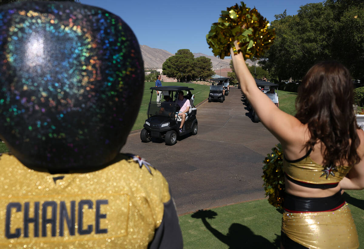 Chance and the Vegas Vivas' cheer during the start of the Golden Knights' annual Golf ...