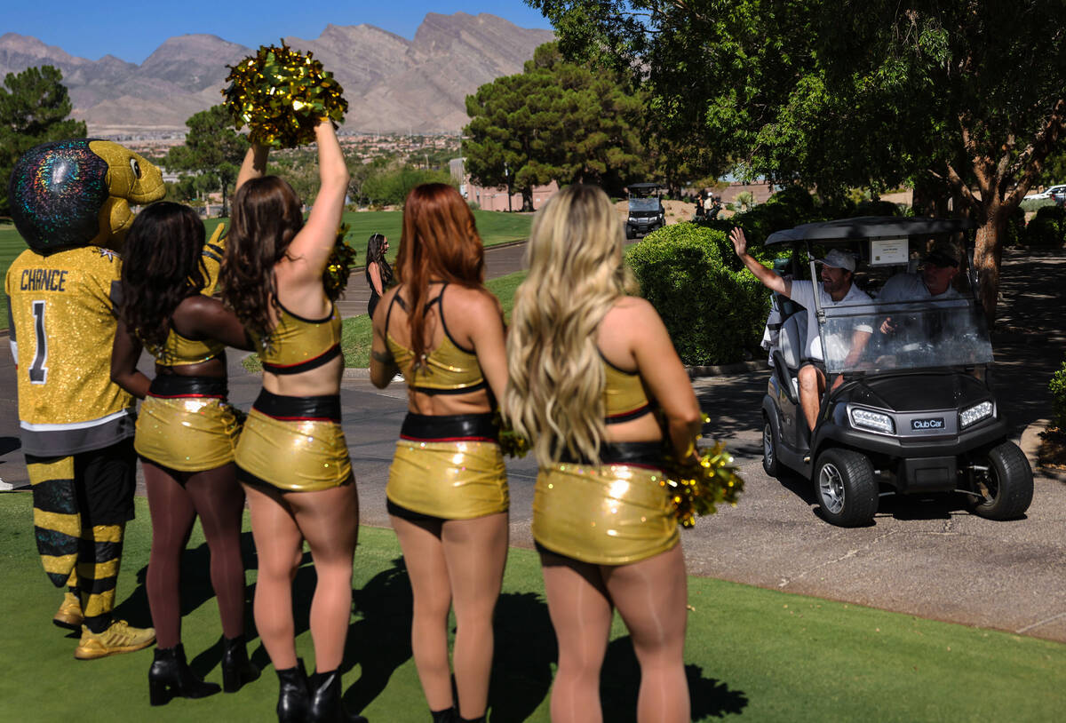 Chance and the Vegas Vivas' cheer during the start of the Golden Knights' annual Golf ...