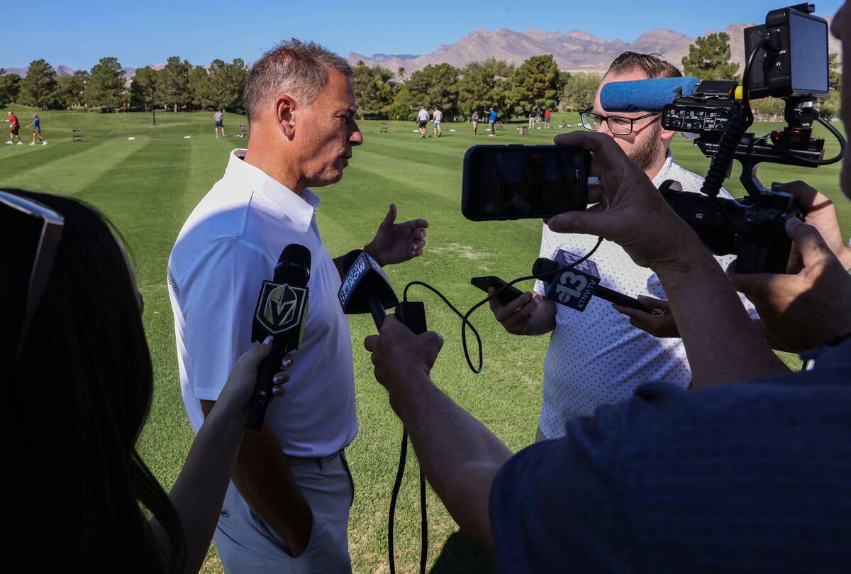 Golden Knights head coach Bruce Cassidy speaks to the media before the start of the Golden Knig ...