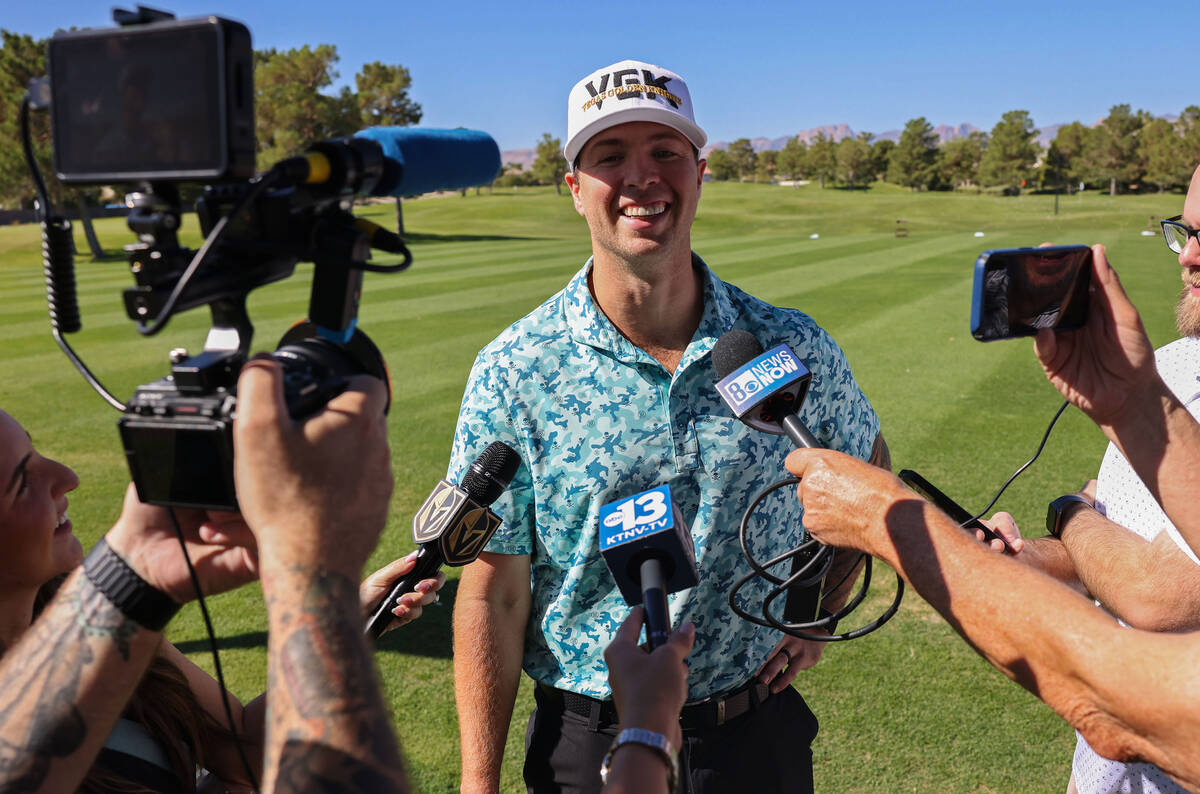 Golden Knights defenseman Ben Hutton speaks to the media before the start of the Golden Knights ...