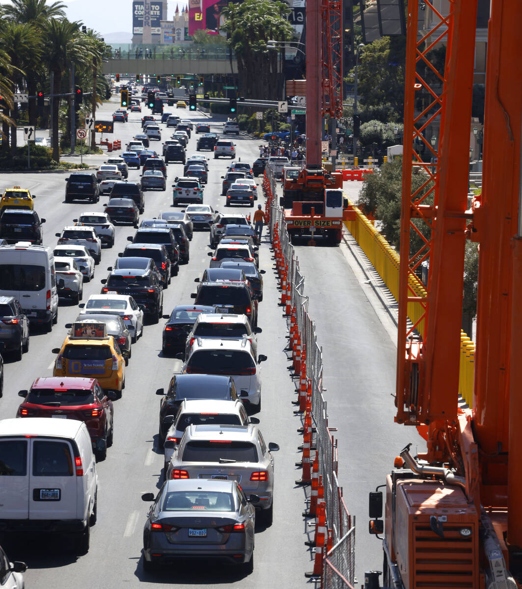 Traffic is backed up in front of the Bellagio as Las Vegas Grand Prix prep begins in front of t ...