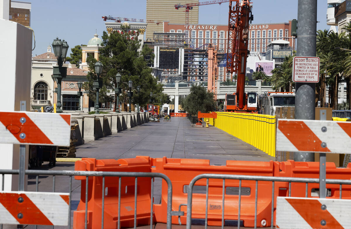A sidewalk is closed in front of the Bellagio as Las Vegas Grand Prix prep begins in front of t ...