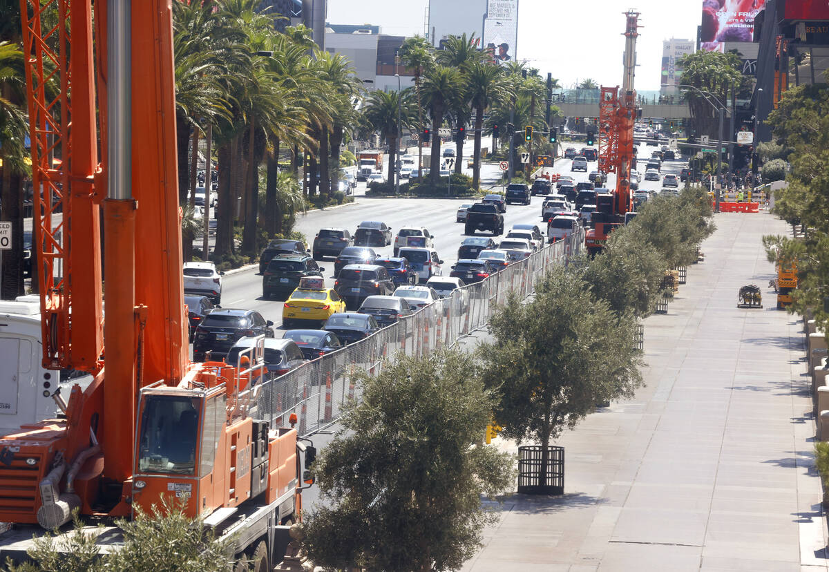 Traffic is backed up in front of the Bellagio as Las Vegas Grand Prix prep begins in front of t ...