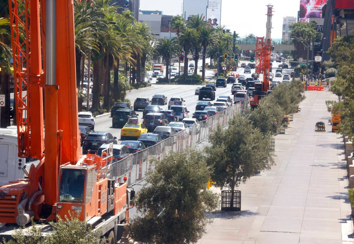Traffic is backed up in front of the Bellagio as Las Vegas Grand Prix prep begins in front of t ...