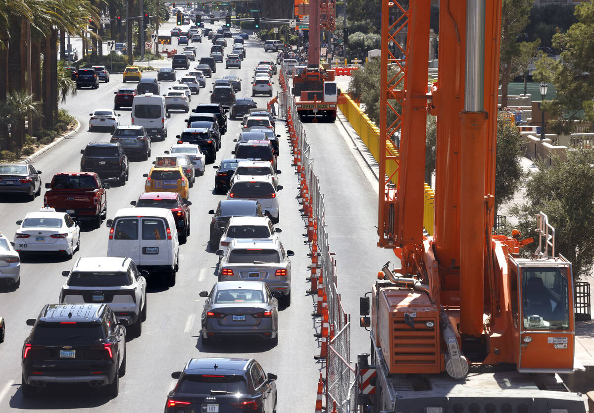Traffic is backed up in front of the Bellagio as Las Vegas Grand Prix prep begins in front of t ...