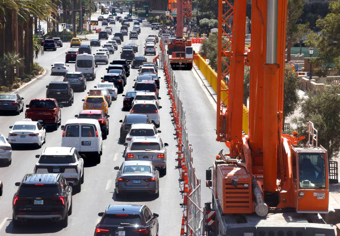 Traffic is backed up in front of the Bellagio as Las Vegas Grand Prix prep begins in front of t ...