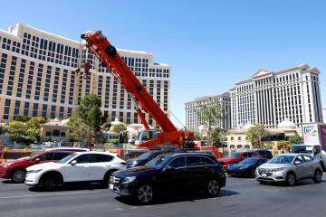 Traffic is backed up in front of the Bellagio as Las Vegas Grand Prix prep begins in front of t ...