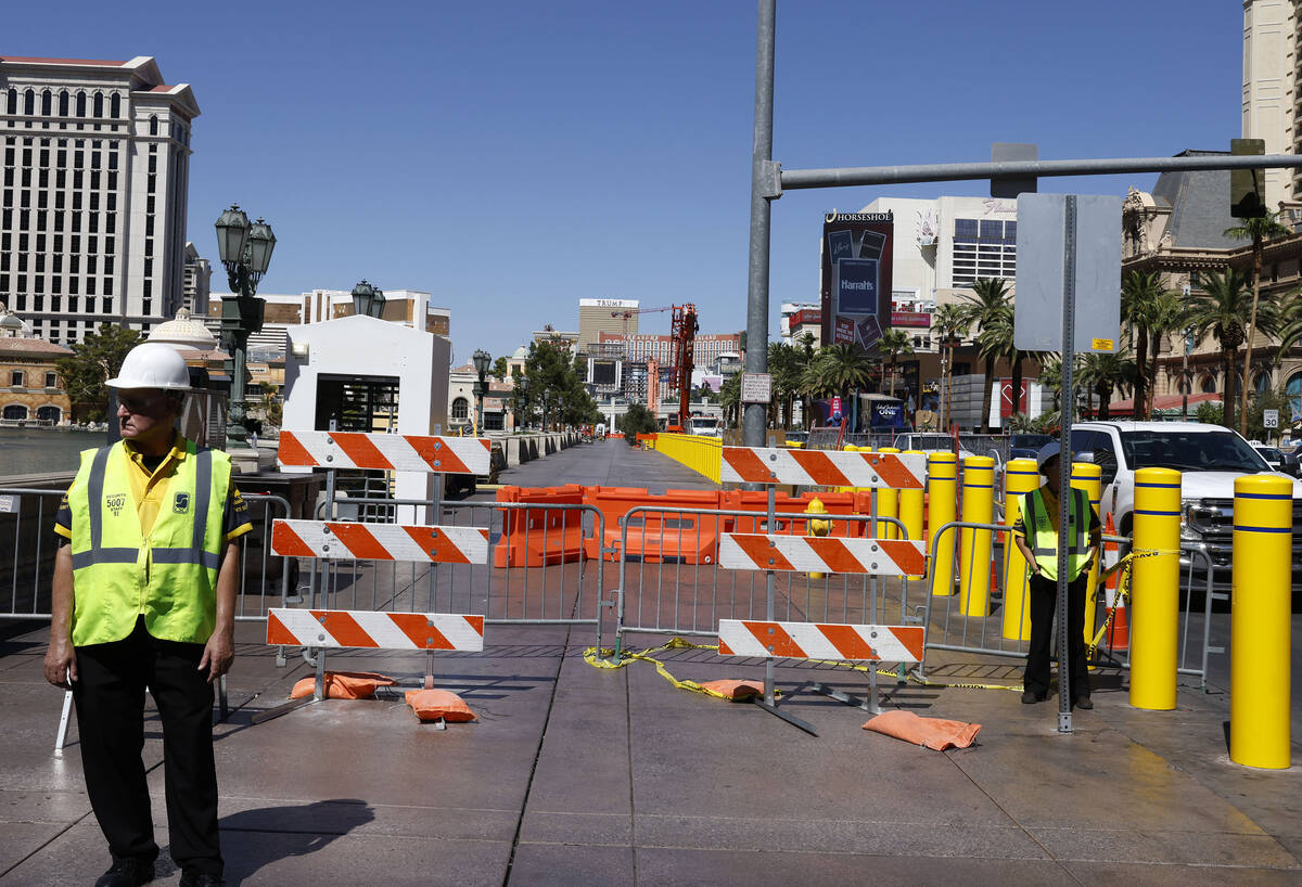 A sidewalk is closed in front of the Bellagio as Las Vegas Grand Prix prep begins in front of t ...