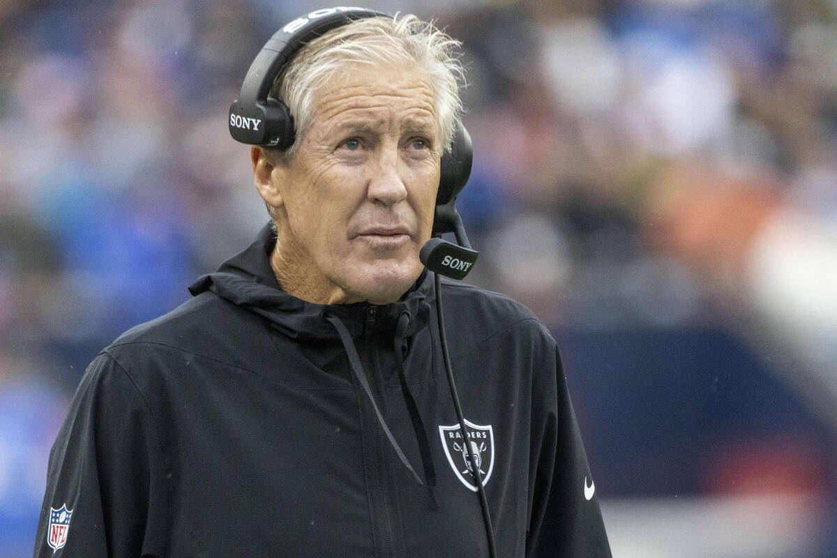 Raiders head coach Pete Carroll on the sideline during the second half of an NFL game against t ...