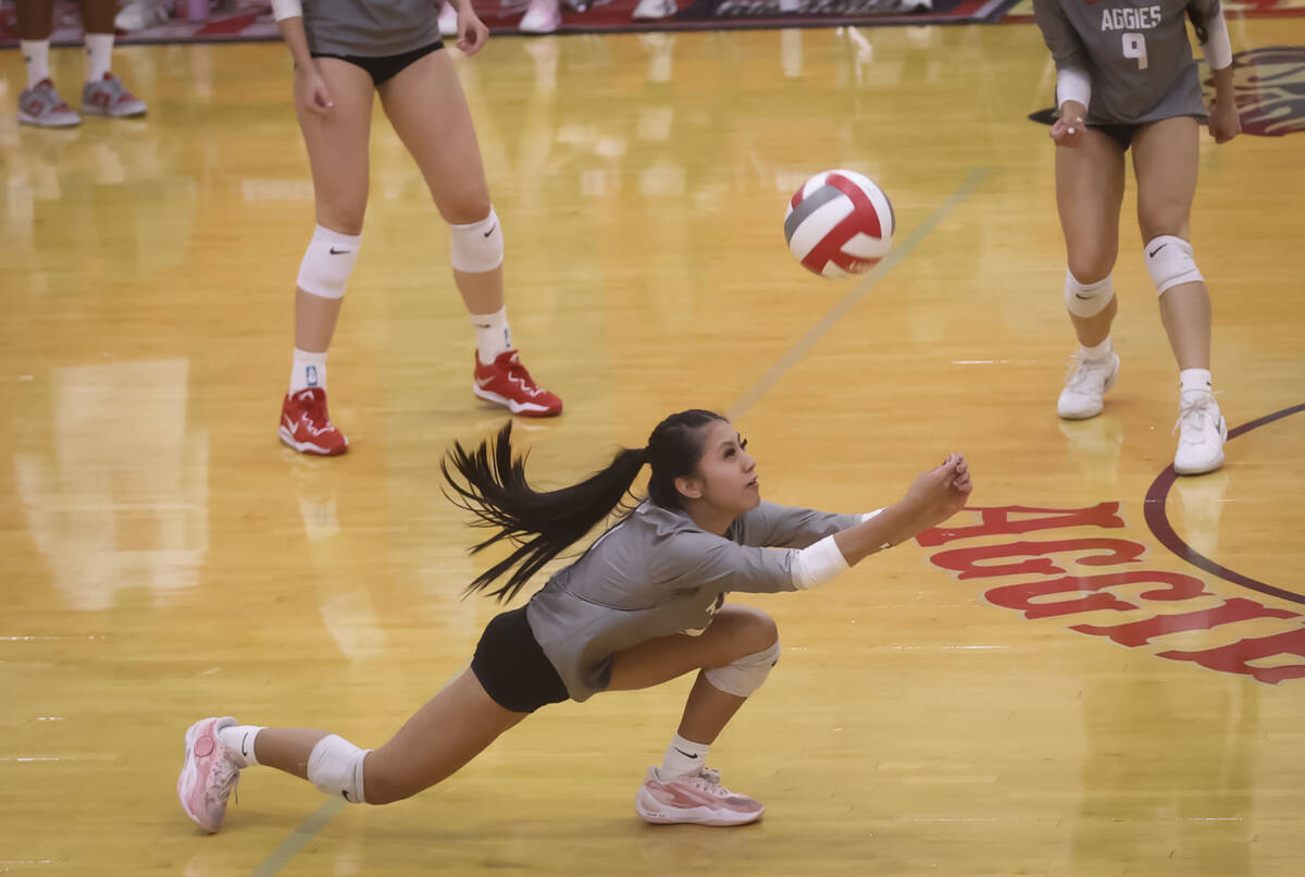 Arbor View’s Sophia Yuzon (6) hits the ball during a volleyball game against Palo Verde ...