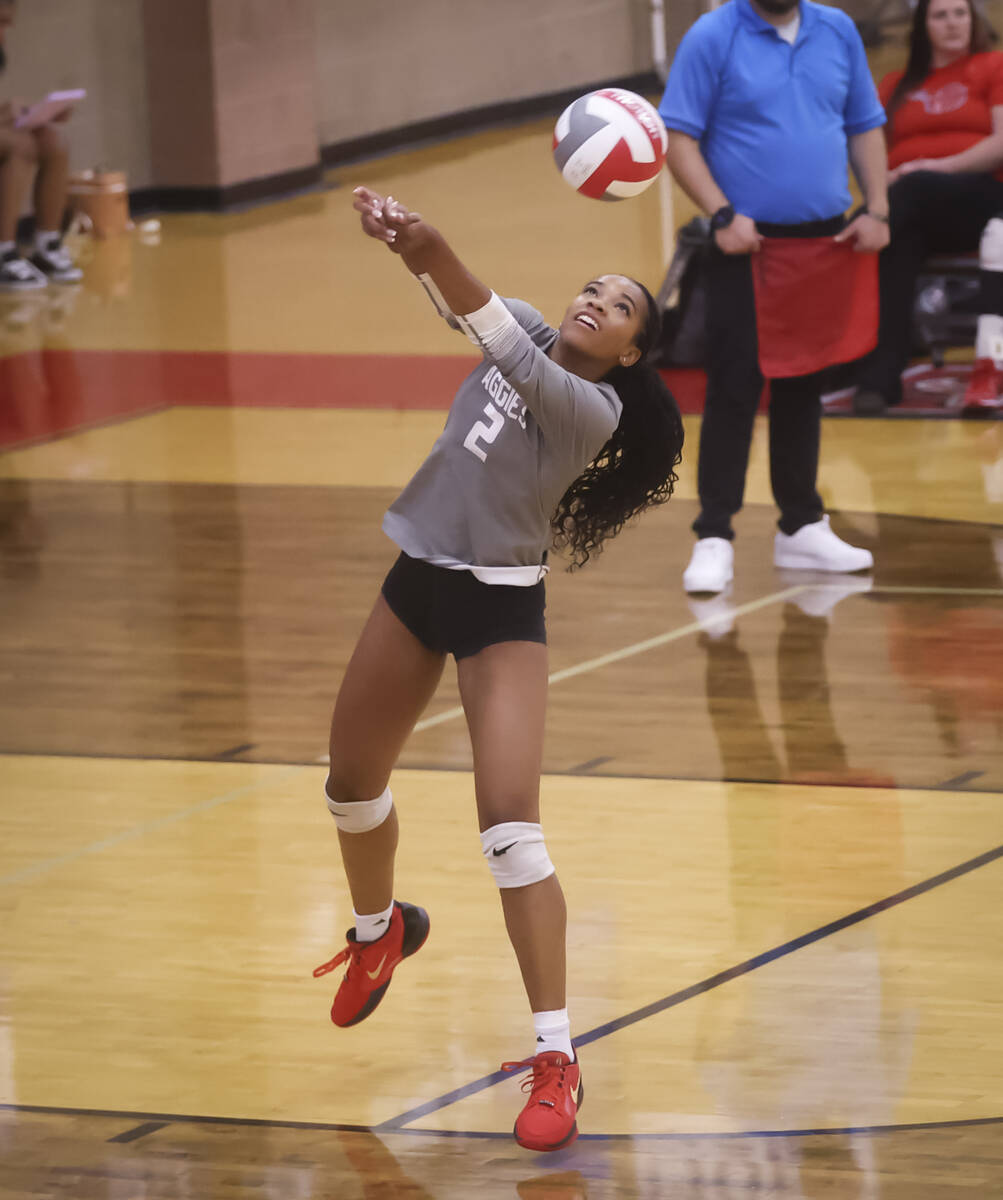 Arbor View's Cameron Reese (2) hits the ball during a volleyball game against Palo Verde a ...