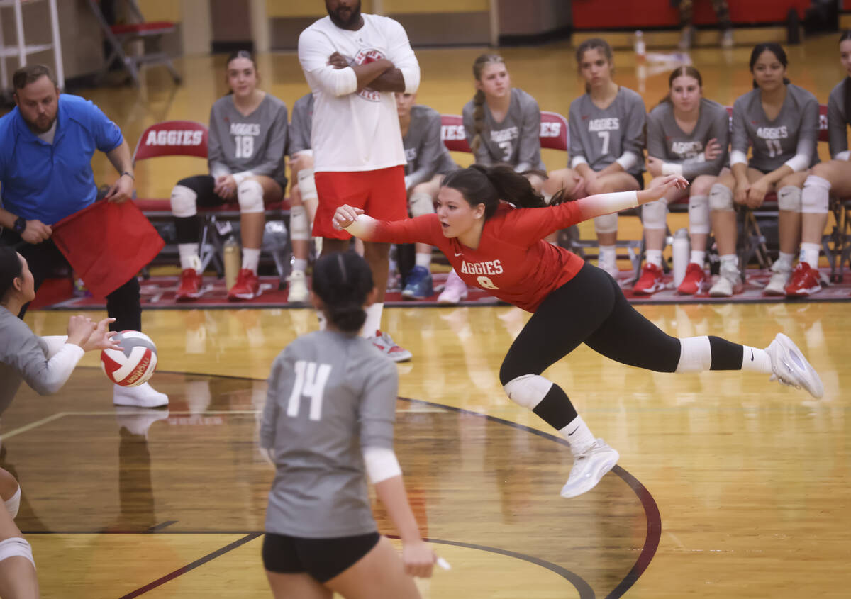Arbor View libero Lauryn Brenner (8) tries to save the ball while playing Palo Verde during a v ...