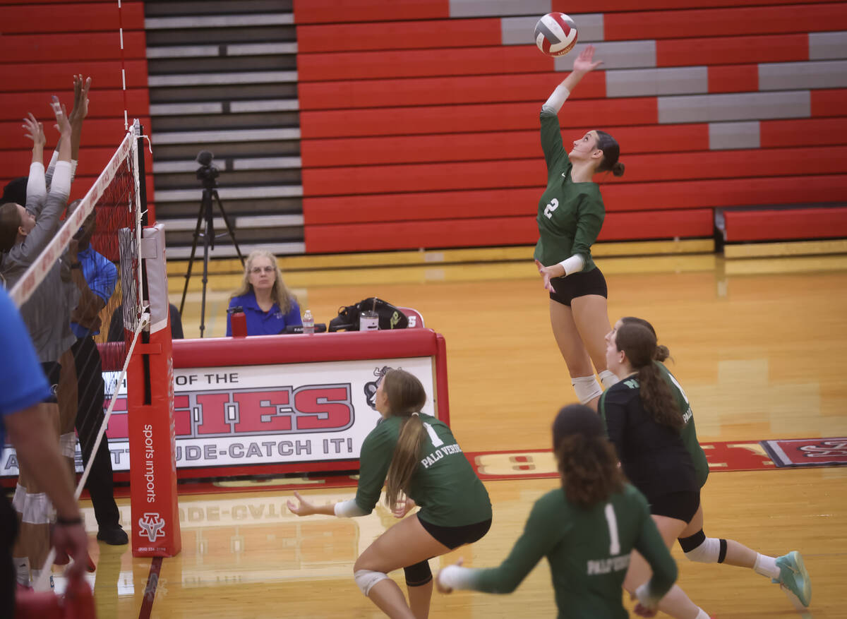 Palo Verde outside hitter Kennedy Cope (2) looks to send the ball over the net during a volleyb ...
