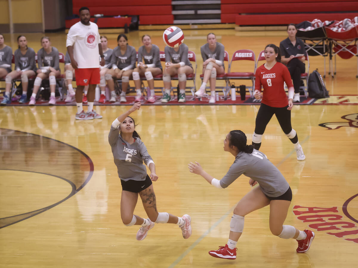 Arbor View's Sophia Yuzon (6) makes a save against Palo Verde during a volleyball game at ...