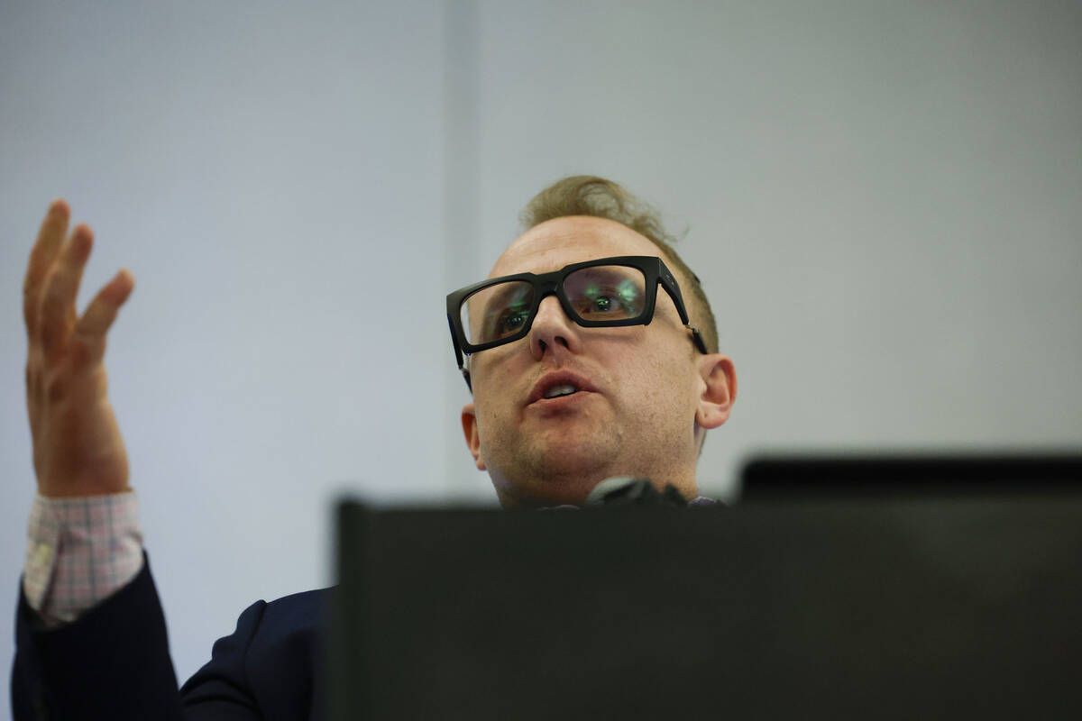 Corey Gerwaski, UNLV Senator of Engineering, speaks during a vigil for Charlie Kirk hosted by T ...