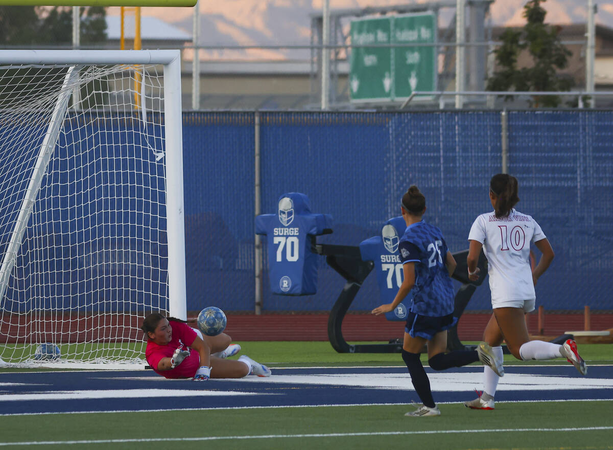 Arbor View goalkeeper Emily Marks tries to block a shot from Centennial during a soccer game at ...