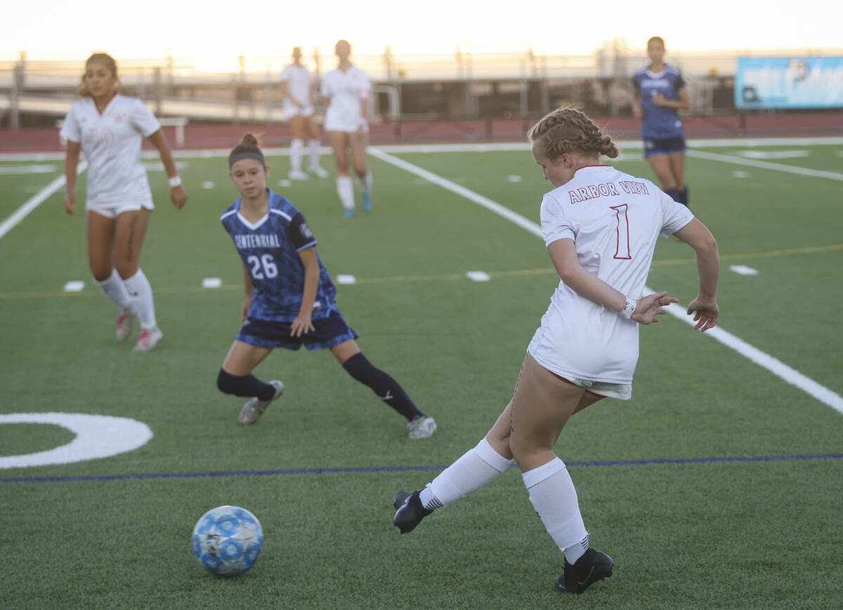 Arbor View's Aspen Romeo (1) kicks the ball against Centennial during a soccer game at Cen ...