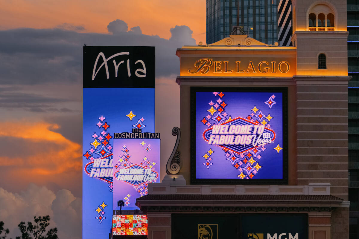 Casinos along The Strip light up purple and show new ads for LVCVA on Thursday, Sept. 4, 2025 i ...