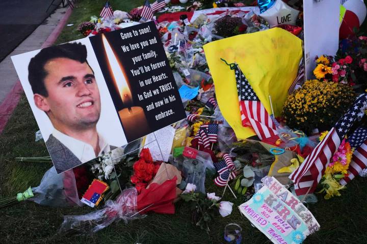A memorial for Turning Point USA CEO and co-founder Charlie Kirk is seen at Utah Valley Univers ...