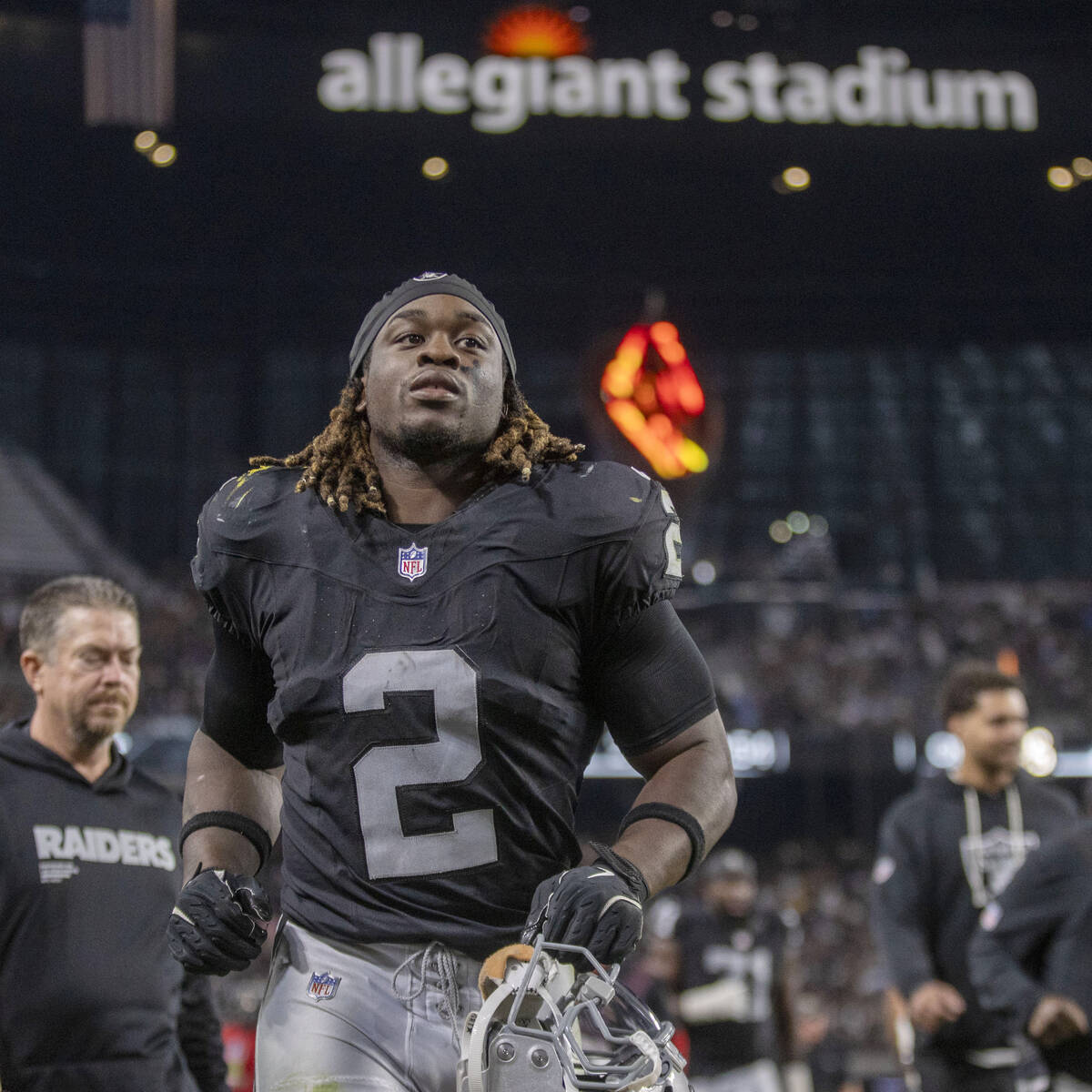 Raiders running back Ashton Jeanty (2) comes off the field for halftime of an NFL game against ...