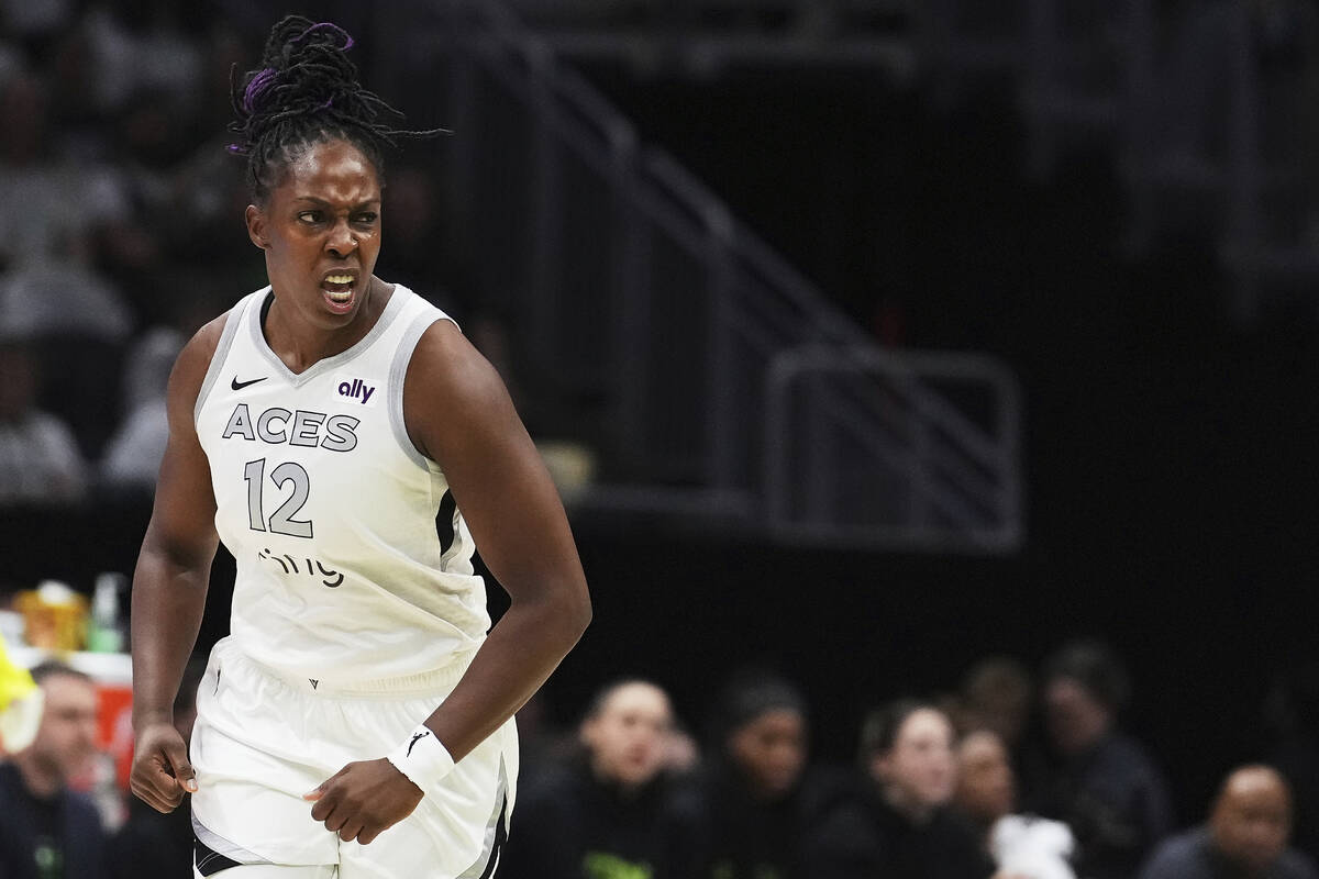 Las Vegas Aces guard Chelsea Gray reacts after a basket against the Seattle Storm during the fi ...
