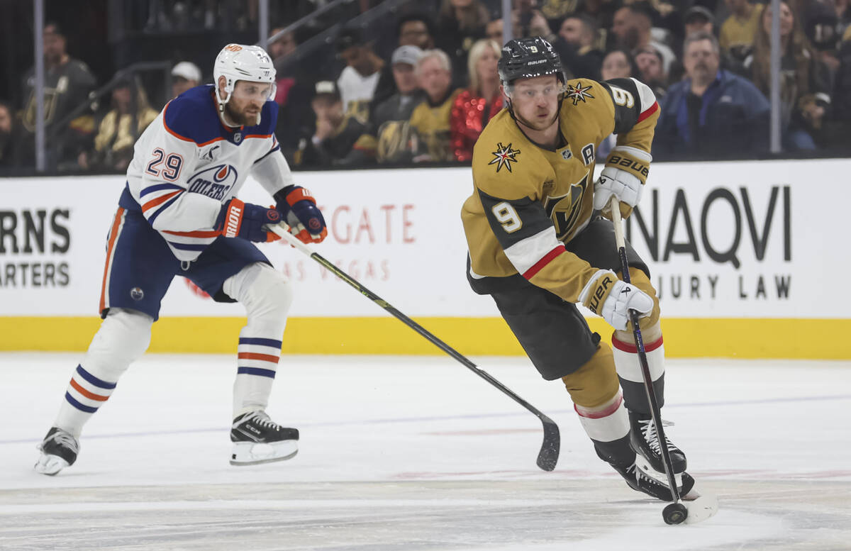 Golden Knights center Jack Eichel (9) skates ahead of Edmonton Oilers center Leon Draisaitl (29 ...