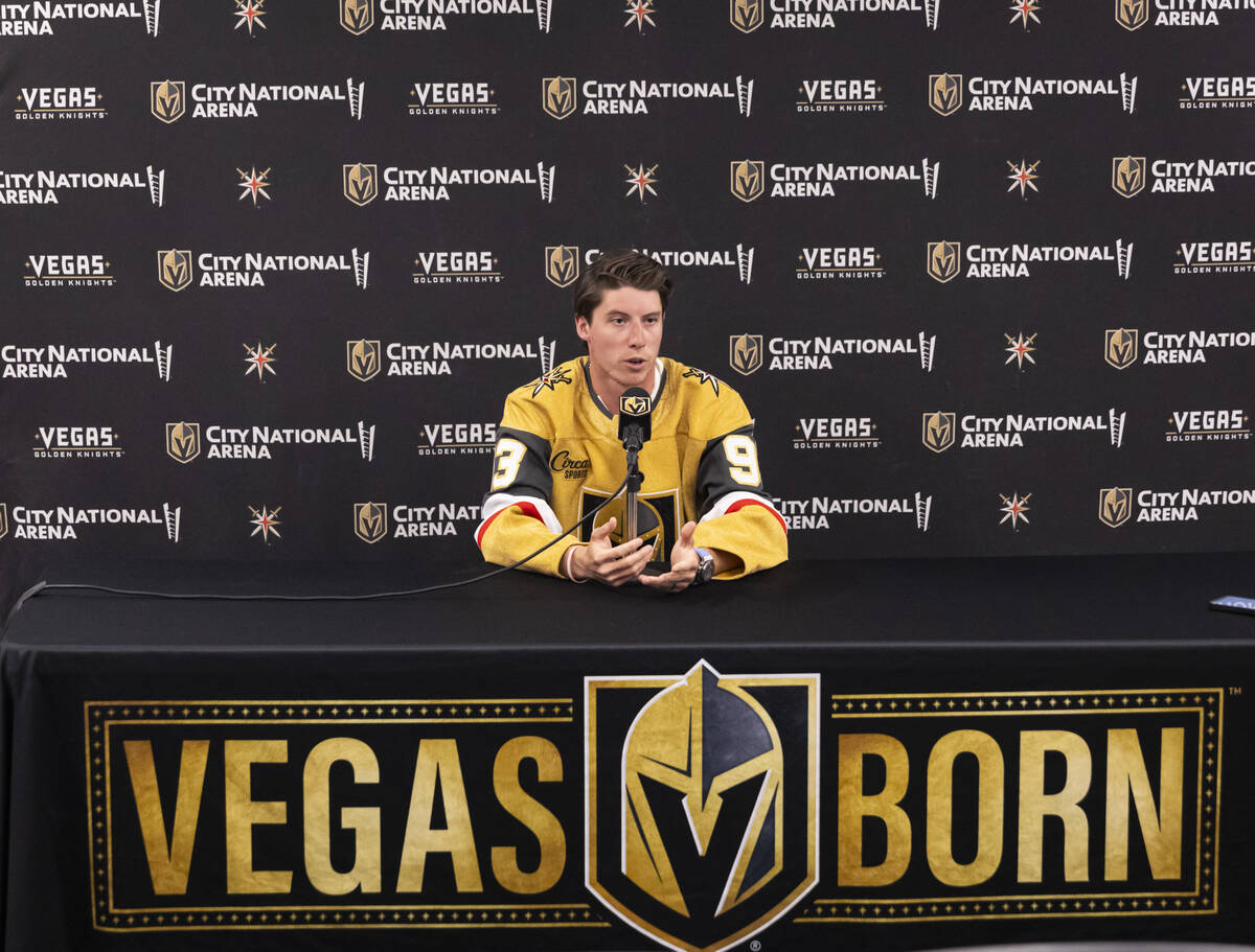 Newly acquired Golden Knights forward Mitch Marner speaks with the media at City National Arena ...