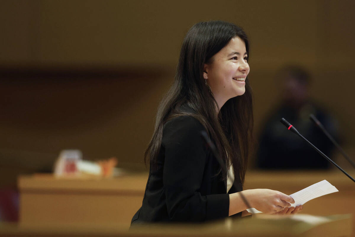 Serena Kasama, a candidate for the interim Ward 2 city councilmember position, speaks at Las Ve ...