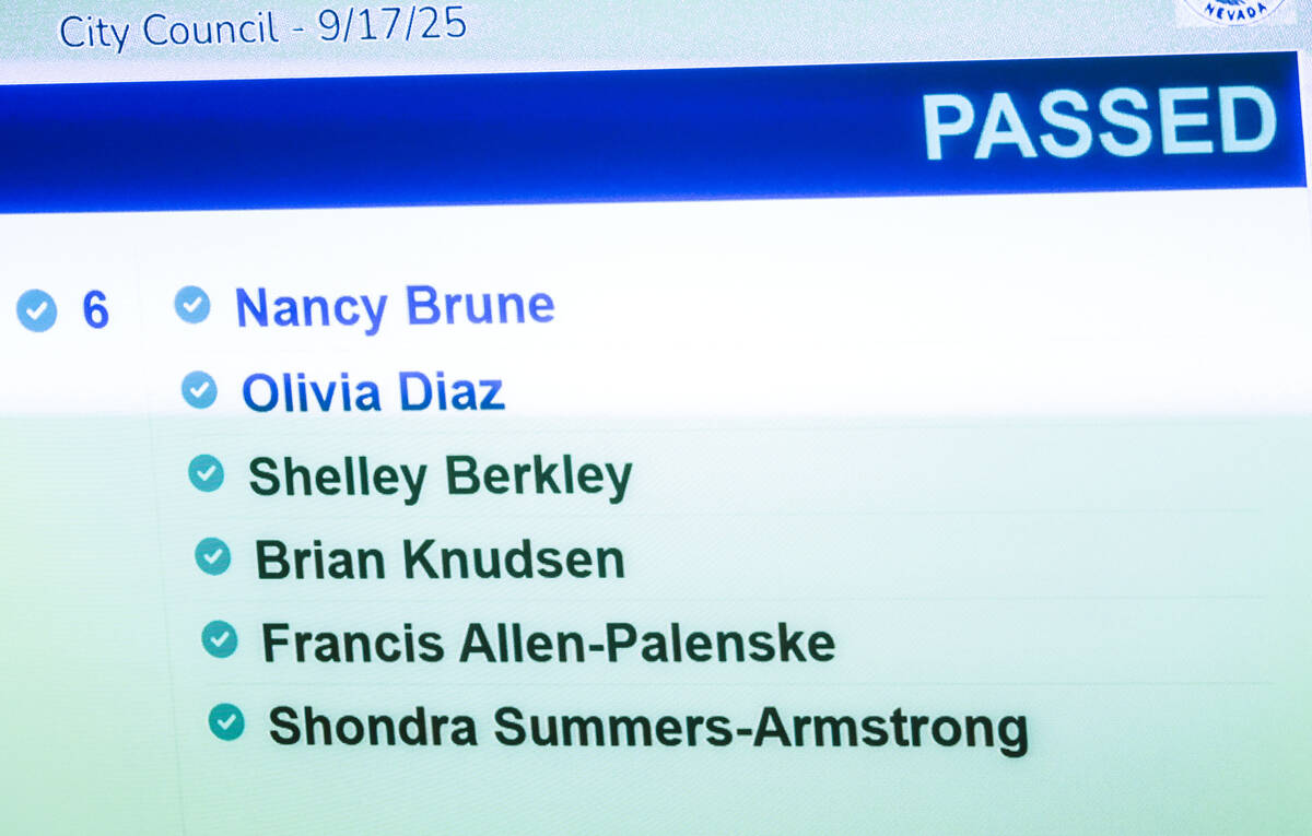 The official vote to choose interim councilwoman Kara Kelley is posted at Las Vegas City Hall W ...