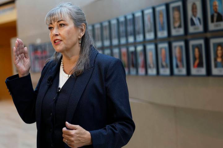 Newly elected interim councilwoman Kara Kelley speaks to the media at Las Vegas City Hall Wedne ...
