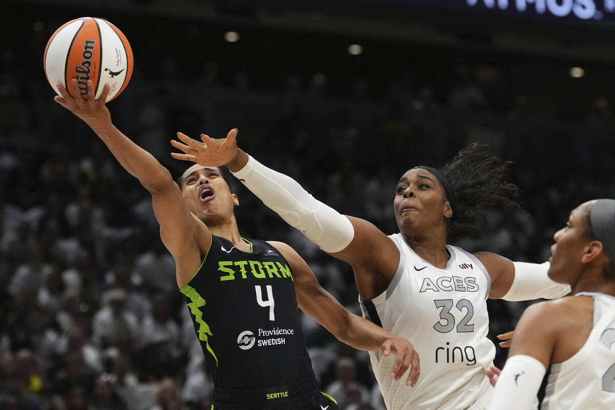 Seattle Storm guard Skylar Diggins (4) goes to the basket against Las Vegas Aces forward Cheyen ...
