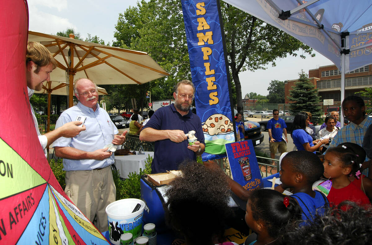 Ben Cohen, second from left, and Jerry Greenfield, center, founders of Ben & Jerry Homemade ...