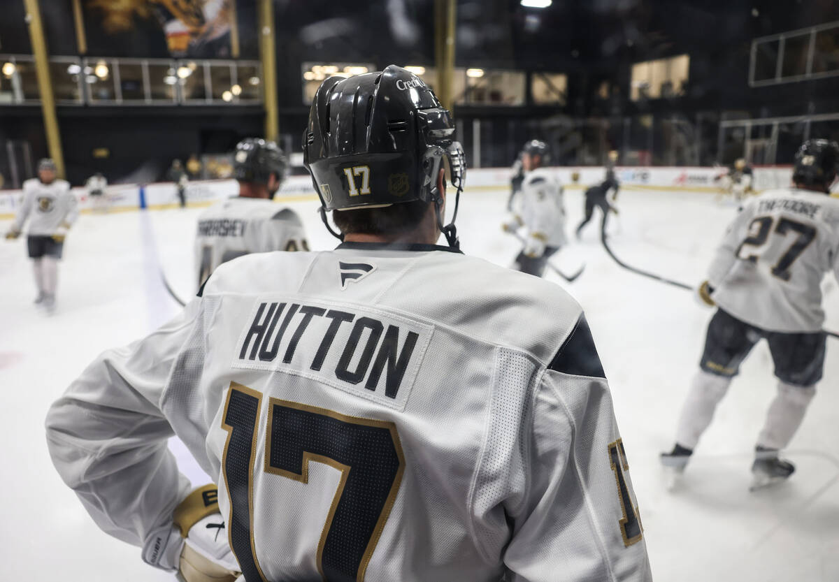 Golden Knights players run through drills during the first day of training camp Thursday, Sept. ...