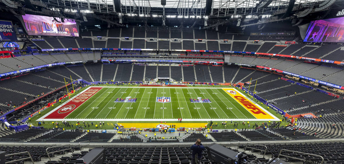 The empty field before the start of Super Bowl LVIII at Allegiant Stadium on Sunday, Feb. 11, 2 ...
