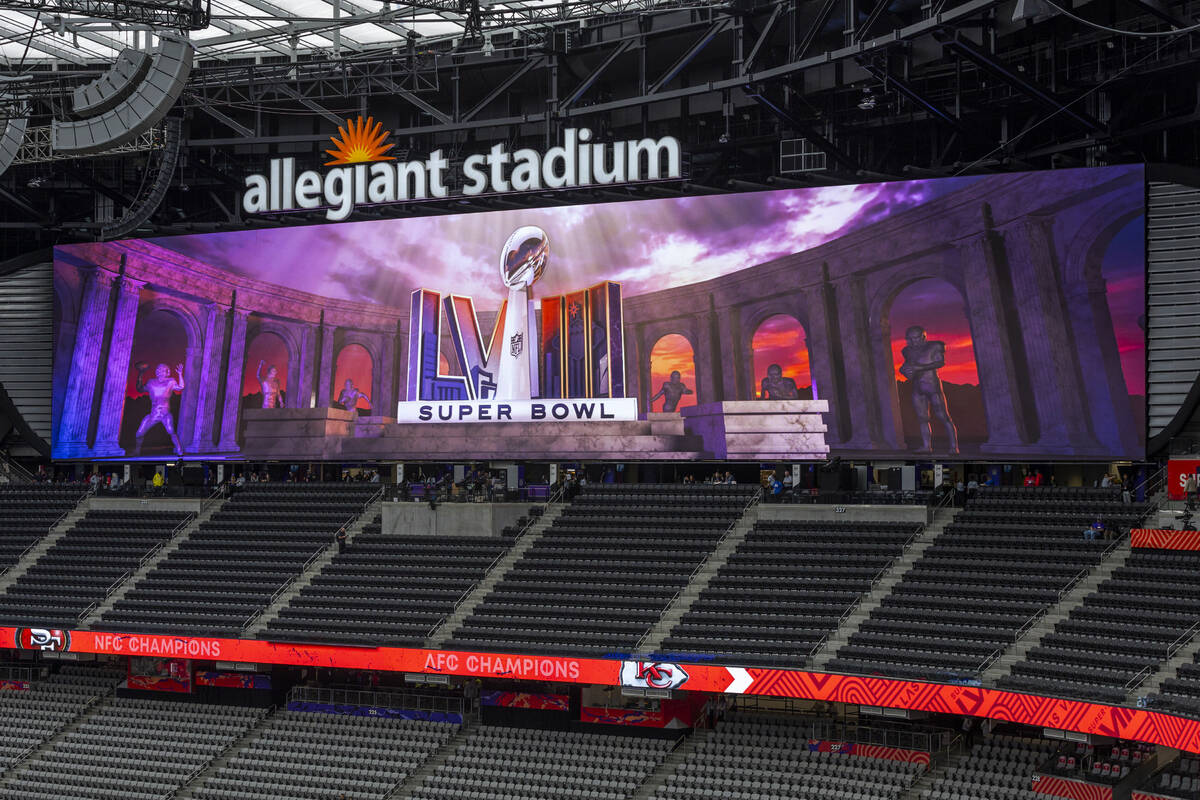 The empty stands before the start of Super Bowl LVIII at Allegiant Stadium on Sunday, Feb. 11, ...