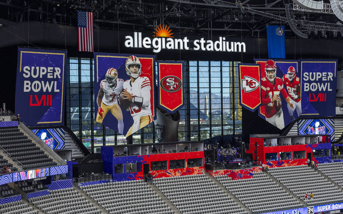 The empty stands before the start of Super Bowl LVIII at Allegiant Stadium on Sunday, Feb. 11, ...