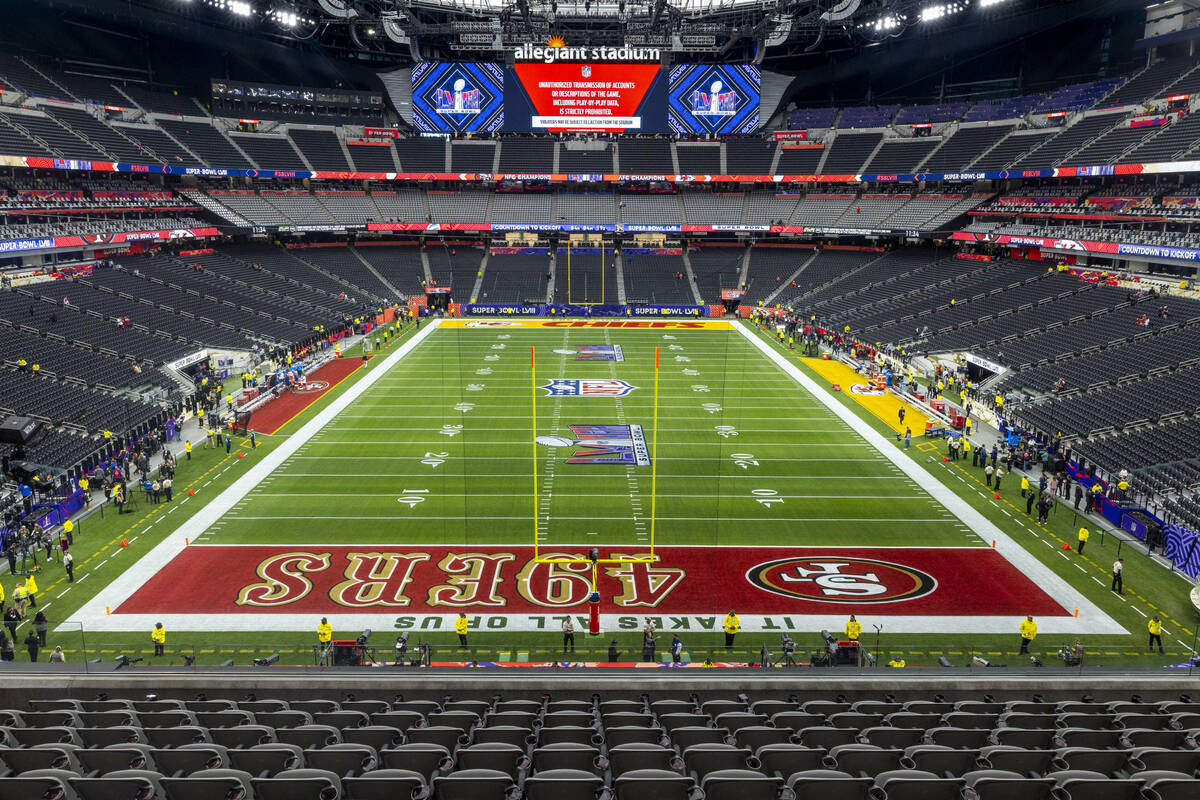 The empty field before the start of Super Bowl LVIII at Allegiant Stadium on Sunday, Feb. 11, 2 ...