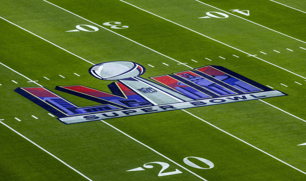 The empty field before the start of Super Bowl LVIII at Allegiant Stadium on Sunday, Feb. 11, 2 ...