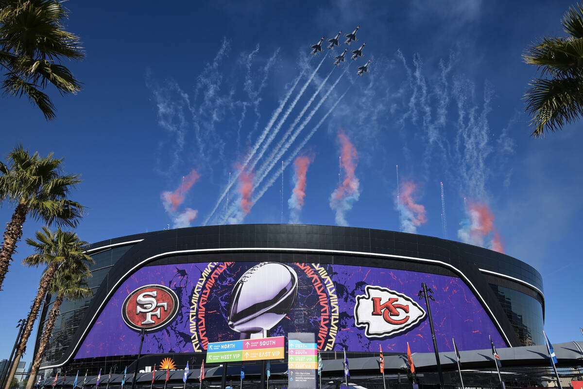 The U.S. Air Force Thunderbirds fly over Allegiant Stadium before the start of Super Bowl 58 be ...