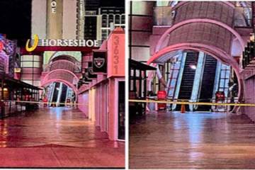 The entrance to Horseshoe Las Vegas is seen from the Grand Bazaar Shops, an outdoor retail plaz ...