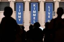 People walk by the Jimmy Kimmel Live studio on Hollywood Blvd., Wednesday, Sept. 17, 2025, in L ...
