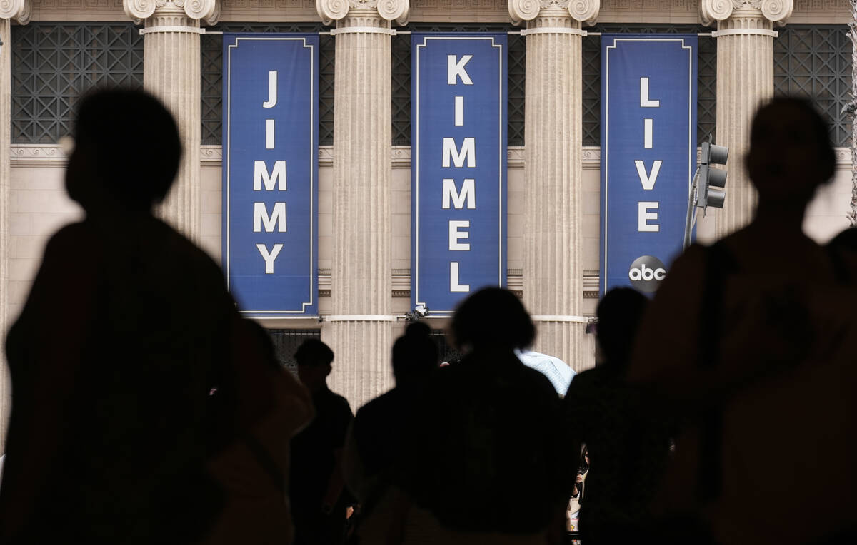 People walk by the Jimmy Kimmel Live studio on Hollywood Blvd., Wednesday, Sept. 17, 2025, in L ...