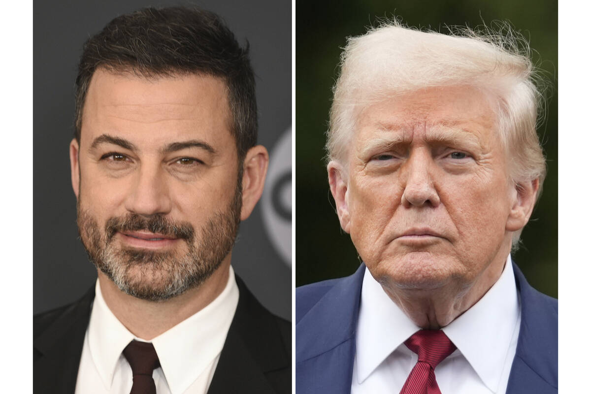 Jimmy Kimmel appears at the Walt Disney Television upfront in New York on May 14, 2019, left, a ...