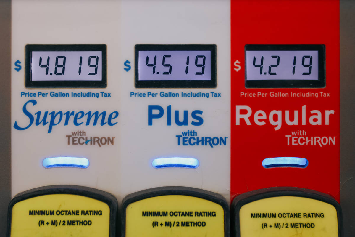 A pump displays gas prices at a Chevron gas station on Thursday, Sept. 18, 2025 in Henderson. ...