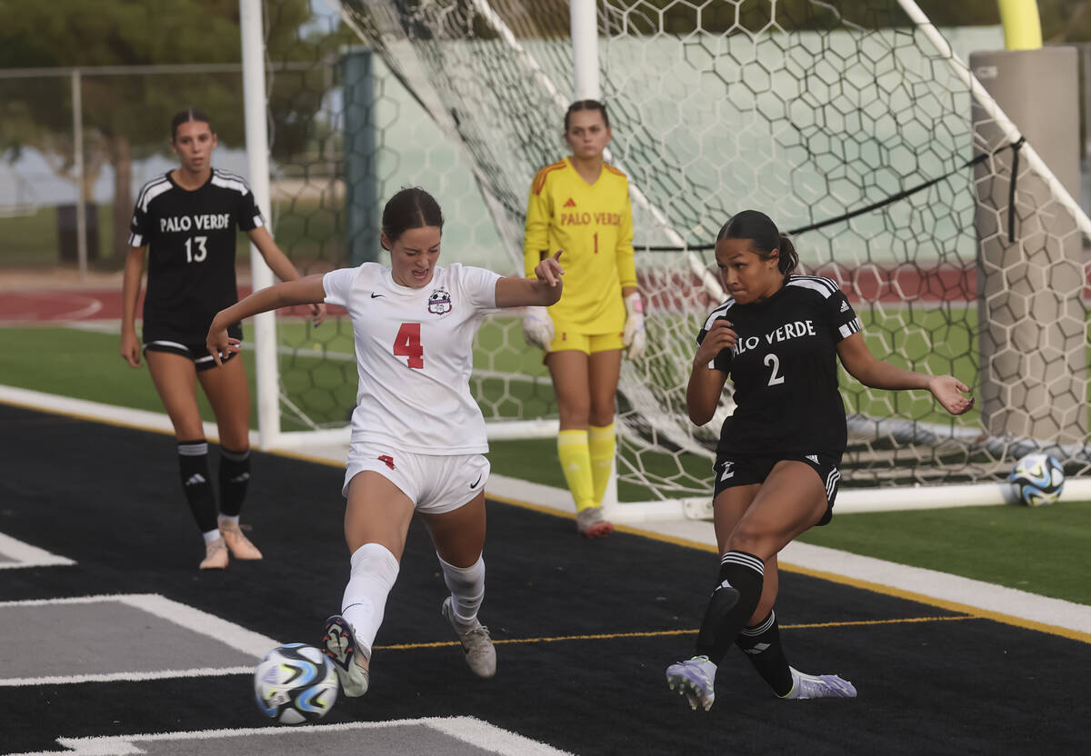 Palo Verde's Jade Palma (2) clears the ball against Coronado's Ella Schultz (4) durin ...