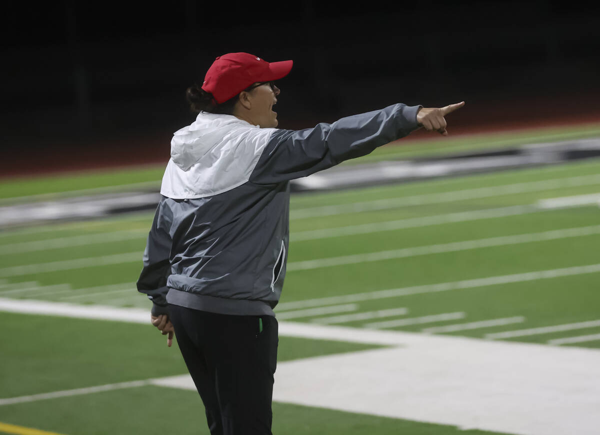Coronado head coach Dana Neel motions to her team during a soccer game at Palo Verde High Schoo ...
