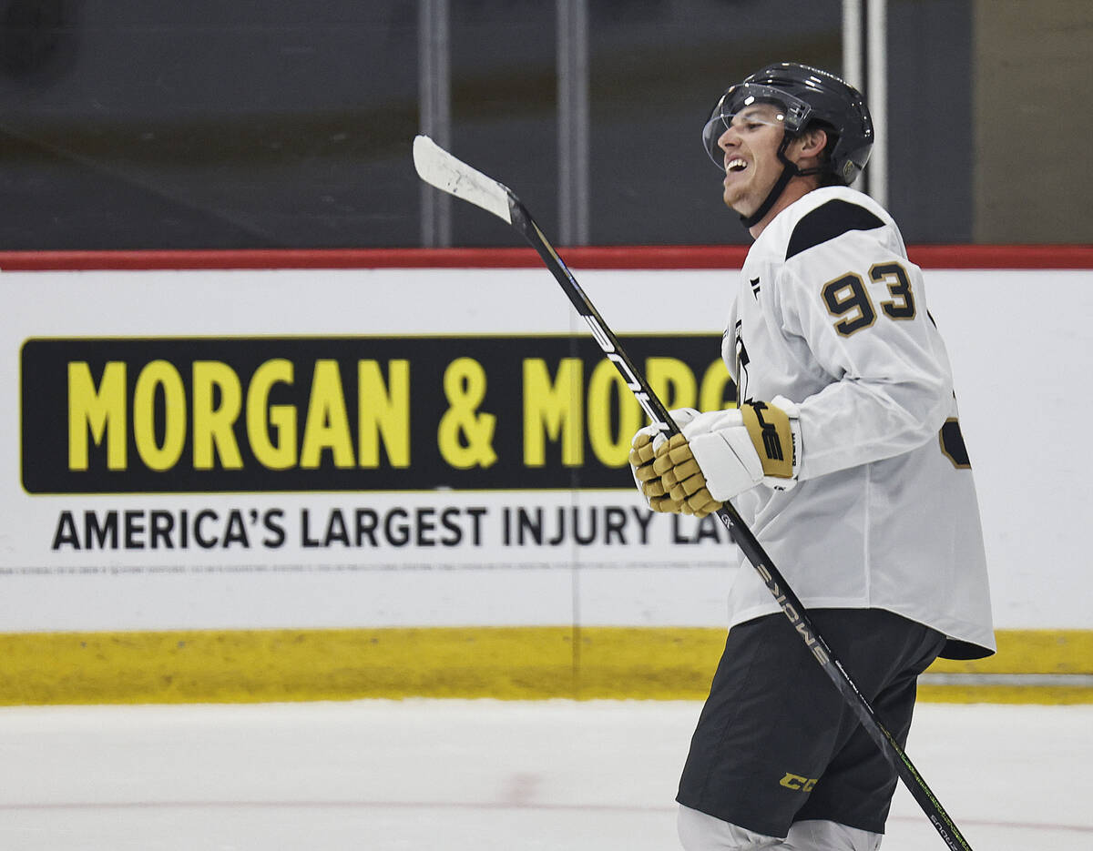 Golden Knights right wing Mitch Marner (93) participates in practice during the first day of tr ...