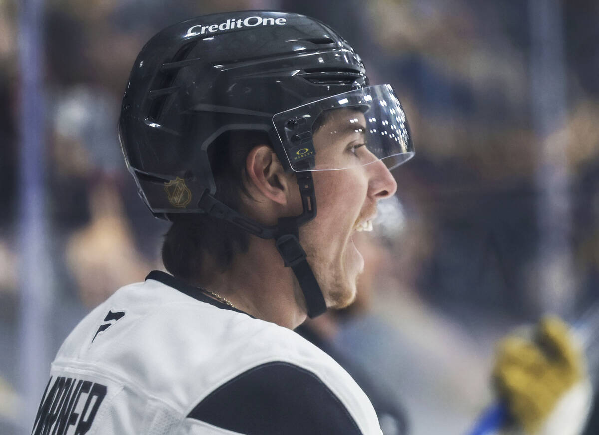 Golden Knights right wing Mitch Marner (93) cheers on his teammates during the first day of tra ...