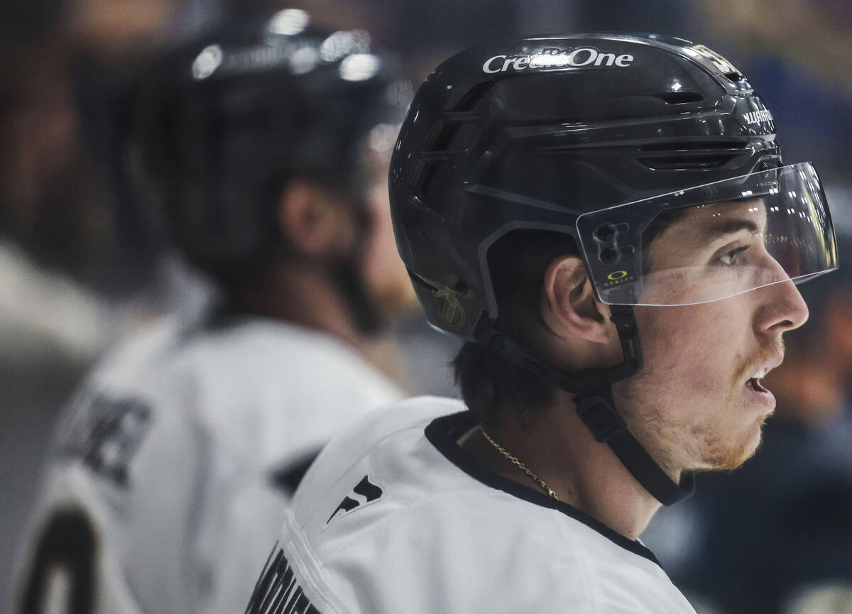 Golden Knights right wing Mitch Marner (93) participates in practice during the first day of tr ...